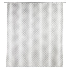 WENKO Cubique Shower Curtain 180 x 200 cm 100% Polyester Curtain with Metal Eyelets & Rubber Weight Band for Shower and Bathtub, Water Resistant & Washable, Includes 12 White Shower Curtain Rings
