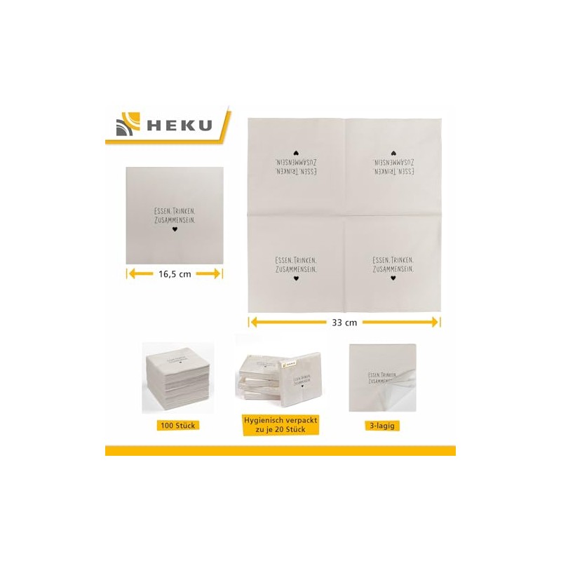 HEKU 100 napkins, 3-ply, 33 x 33 cm, food drinking