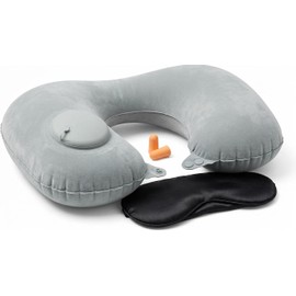Inflatable Travel Pillow Eye Mask Earplugs 3-Piece Set, Medium Size Inflatable Neck Pillow, Portable Quick-Inflate U-Shaped Pillow with Eye Mask, Earplugs & Carry Bag, Travel & Lumbar Support