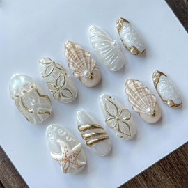 30 Pcs Handmade Press on Nails Short Almond Nail Tips,YEFIUO Summer Fake Nails Press ons Glue on Nails Acrylic Nail Art Kit Full Cover Reusable False Nails 3D Starfish Shells Gilded Design for Ma'am