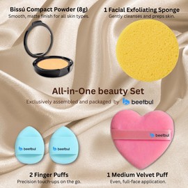 Kit de maquillaje y exfoliación – Polvo compacto Bissú + 1 Almohadilla de terciopelo mediano + 2 Almohadillas de dedos + 1 esponja exfoliante facial (06 Natural Beige)