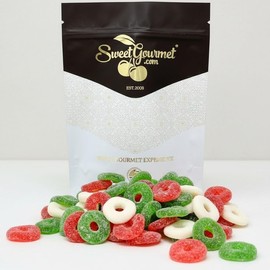 SweetGourmet Gummy Christmas Wreath Candy, 1 Pound Bag, Cherry, Strawberry-Banana and Green Apple Flavors, Sugar Sanded Gummy Rings