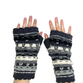 Ella Sussman Hand Knit Embroidered Stripe Fingerless Gloves Wool Texting Mittens Fleece Lined (Dark Gray, Medium)