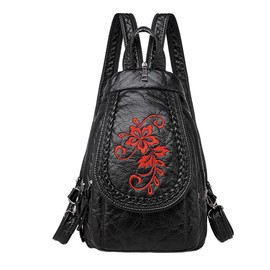 NIGEDU Vintage Embroidered Women Backpacks Soft PU Leather Backpack Purse Small Female Travel Bag Black Chest Packs, Black, Small, Daypack Backpacks