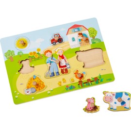 HABA 303769 - Greifpuzzle Auf dem Bauernhof , Holzspielzeug ab 12 Monaten , 8-teiliges Puzzle aus Holz mit buntem Bauernhofmotiv , Puzzleteile mit großen Knöpfen zum Greifen