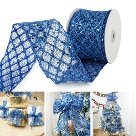 MAYREEL 2.5 Inch Dusty Blue Glitter Diamond Mesh Wired Ribbon Royal Blue for Christmas Tree Gift Wrapping Crafts Bows Wreaths Garland Holiday Decor 10 Yards