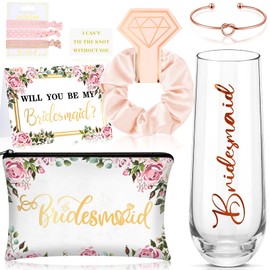Set de Regalo para Propuesta de Dama de Honor de 9 Piezas Copas de Champán sin Tallo Scrunchies Bandas para el Cabello Diadema Bolsa de Maquillaje Pulseras Anudadas para Novia (Clásico)