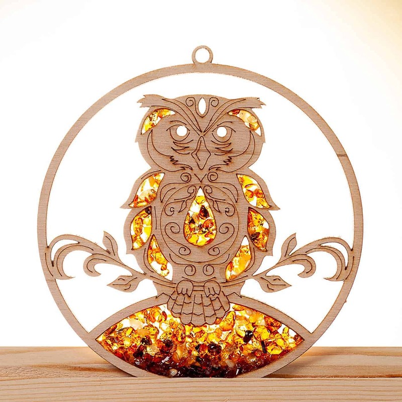 Raduly Amber Birch Wood Owl Window Decoration Diameter 10