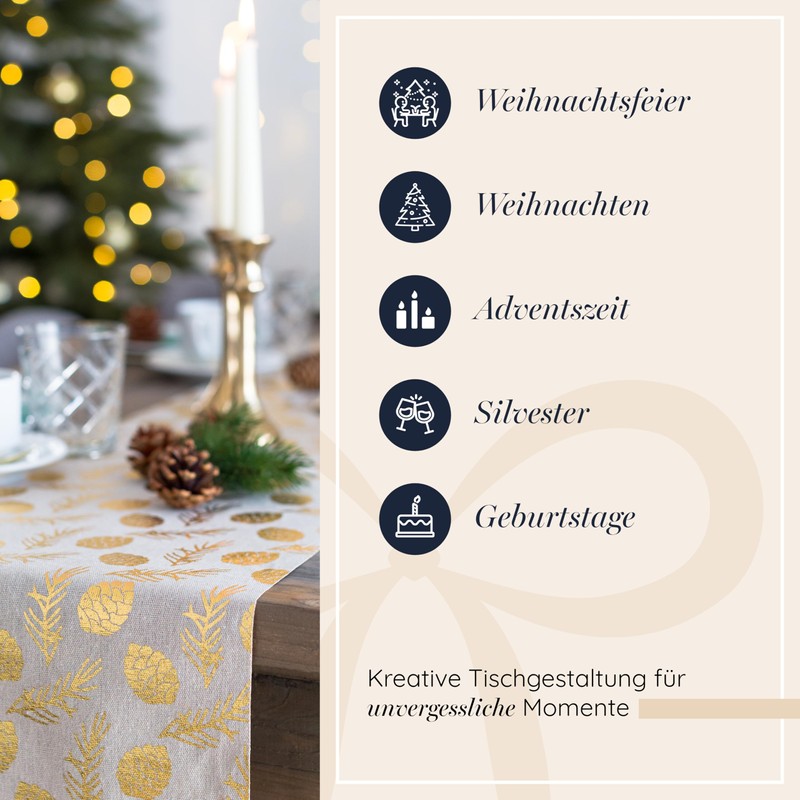 100%Mosel Table Runner, Linen Look, Natural, Pine Cones in Gold,