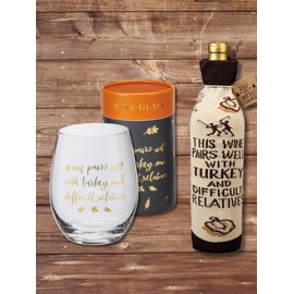 Funny Wine Glass & Wine Bottle Cover Thanksgiving Gift Set for Friends & Relatives “WINE PAIRS WELL WITH TURKEY AND DIFFICULT RELATIVES” Stemless Wine Glass & Knitted Bottle Sock Great Hostess Gift!