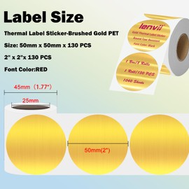 LENVII 50 x 50 mm Golden Round Labels Thermal Labels Red Writing 8 Rolls x 130 Sheets (1040 Pieces) Tear-Resistant, Waterproof & Oil / Heat Resistant Universal Sticker for Home, Office & School