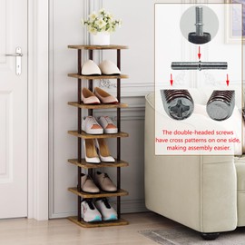 SORCEDAS 7 Tiers Vertical Shoe Rack Wooden Shoe Storage Organizer for Space Saving Narrow Shoe Shelf Storage 7 Pairs for Entryway Living Room Bedroom(Bronze + Rustic Dark Brown)