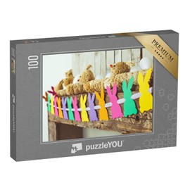 puzzleYOU: Puzzle 100 Pieces "Colourful Homemade Easter Bunny Garland on the Fireplace" - from the Puzzle Collection Holiday