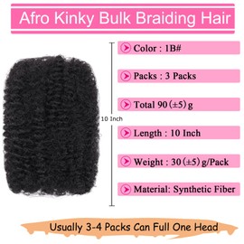 Leeven 10 Inch 3 Packs Afro Kinky Curly Braiding Bulk Hair for Spring Twist Hair Natural Black Afro Kinkys Bulk Synthetic Hair For Dreadlocks Extensions Repair Locs 30g/pack(1B#)