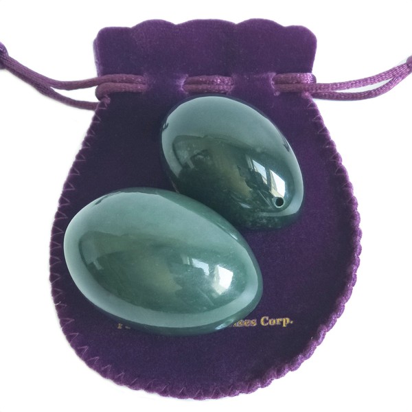 Nephrite Jade Eggs 2-pcs Set for Training Pelvic Floor Muscles to Gain Bladder Control and Incontinence Improvement, Drilled, with Unwaxed Strings and Instructions, Large & Medium 2 Sizes