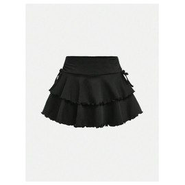 SHENHE Girl's High Waisted Mini Tiered Skirts Ruffled Lettuce Trim Tie Side Cute Bow Skirts Black 9 Years