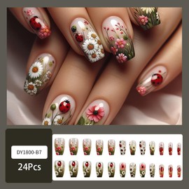 Flower Press on Nails Short Square Floral Fake Nails Colorful Spring False Nails Cute Beetles Nail Design French Tip Artificial Nails Full Cover Glue on Nails Blossom Stick on Nails for Women 24Pcs