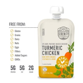 Serenity Kids Organic Turmeric Chicken Bone Broth Made with Organic Veggies - BPA-Free Puree Baby Food Pouches with Pasture-Raised Chicken & Veggies - Savory Flavor - 3.5 Oz, 6 Pack