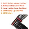 NABI 12 Colors Retractable Waterproof Lip Liner Set, Long Lasting