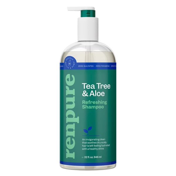 Renpure Tea Tree and Aloe Refreshing Shampoo - Rids Hair of Grime - Soothes Dry Scalp - Leaves Hair Soft and Hydrated - Suitable for Daily Use - Dye Free - Recyclable, Pump Bottle Design - 32 fl oz