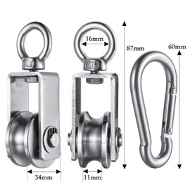 Set of 2 pulley steel cable with M7 carabiner hook, ball bearing inside, rope pulley stainless steel for ropes