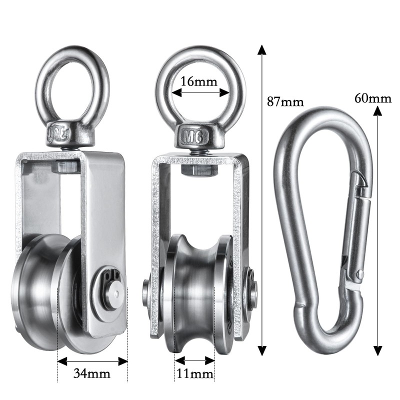 Set of 2 pulley steel cable with M7 carabiner hook,