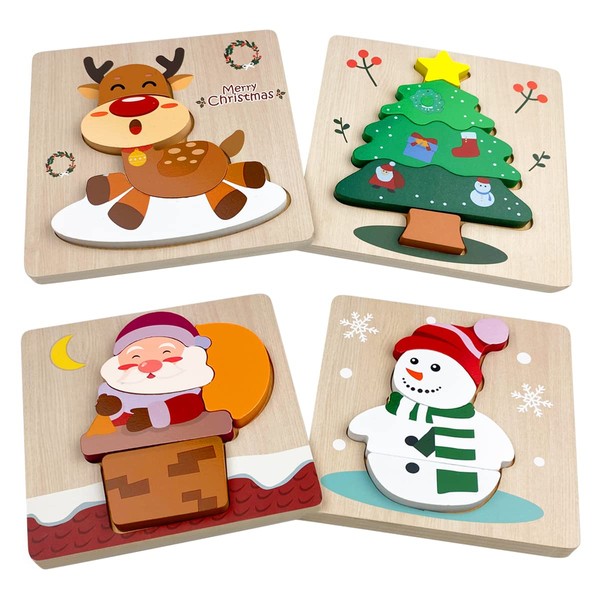 Anditoy 4 Pack Christmas Wooden Puzzles for Kids Toddlers Christmas Toys Christmas Stocking Stuffers Party Favors Gifts