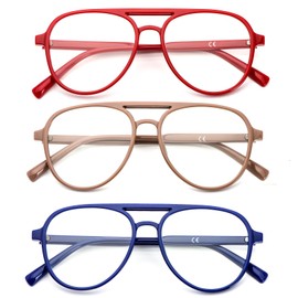 DXYXYO 3 Pack Retro Aviator Reading Glasses for Women 2.0, Mens Classic Wide Lightweight Blue Light Blocking Computer Readers, Red Blue Khiki
