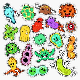 Magnet Funny Characters Bacteria and Microbes Set for Badges Patches. Vector Doodle Magnetic Vinyl Sticker 5"