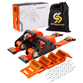 Strapinno E-Track Retractable Ratchet Straps with Wheel Chock Kit, 4500lbs Breaking Strength - 2in x 12ft Heavy Duty Ratchet Strap for Trailer Tie Down System to Secure ATV, UTV & Lawn Mower (2 PCs)