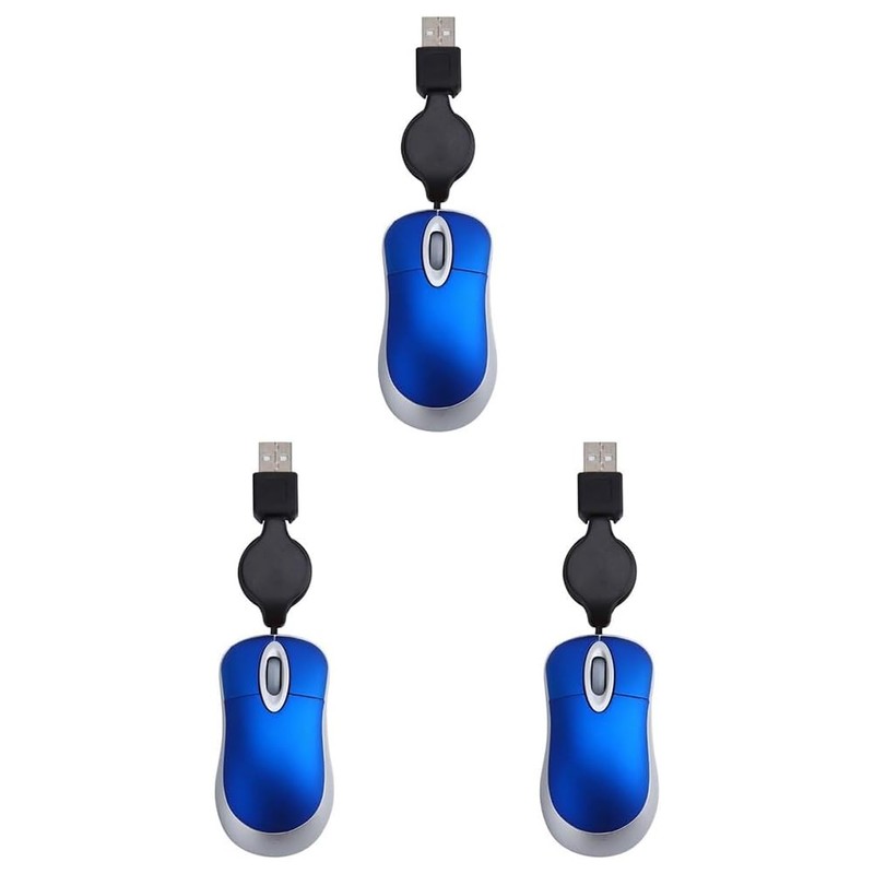 Veumoie 3-Pack Wired Optical Mouse, USB, Blue, Portable, Retractable Cord,
