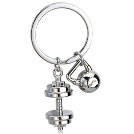 Roar Metal Dumbbell and Kettlebell Keyring Gift for Fitness Lovers, silver
