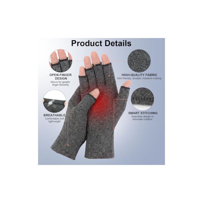 Arthritis Gloves, 2 Pair Fingerless Compression Gloves, Gray+Brown, L