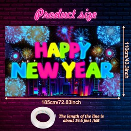 HOWAF Neon Happy New Year Banner New Years Decorations 2025, Large Happy New Year Backdrop 2025 Fabric Background Neon New Years Eve Photo Booth Props for New Years Eve Party Supplies 2025,185 x 110cm