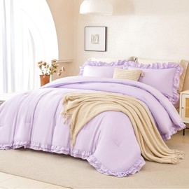 PERFEMET Lavender Ruffled Full Comforter Set Purple Ruffle Comforter Shabby Chic Bedding Solid Color Soft All-Season 5 PCS Bed in A Bag with Sheets for Women (Purple, Full)
