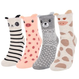 DarkCom 4 Pairs Women's Socks Cute Cat Panda Pattern, Christmas Gifts for Women (4-7, cartoon animals)