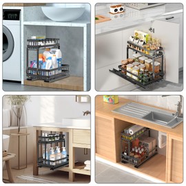 Double Sliding Under Sink Organizer and Storage 2 Pack, NECHEGI 2 Tier Pull Out Cabinet Organizer Basket Heavy-Duty Carbon Steel Shelf for Bathroom, Kitchen, Pantry