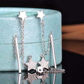 Yumilok 925 Sterling Silber Zirkonia Doppel Sterne Stab Ohrhänger Ohrring Jackets Hypoallergen DIY Ohrschmuck für Damen Mädchen