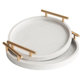 JUMBO HUMBLE Large Serving Trays Set of 2, Modern Crocodile Leather Round Tray with Polished Metal Handles, Decorative Trays Coffee Table Tray Ottoman Platter for All Occasion's Decor (White)