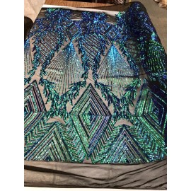NEW CREATIONS FABRIC AND FOAM INC GREEN IRIDESCENT GEOMETRIC DIAMOND DESIGN WITH SEQUIN ON A 4 WAY STRETCH MESH