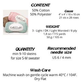 Cotton Blend Yarn for Knitting and Crocheting, 4 or Medium, Worsted, DK Weight, Drops Cotton Light, 1.8 oz 115 Yards per Ball (33 Blue Bonnet)