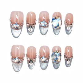 farfarflame Handmade Nail Tip, Medium, Long, Korea, Popular, Oval Magnet, 3D Diamond, Glossy, Stylish, Cute Design, Brides Nails, Flower Viewing, Fireworks Displays, Parties, False Nails, Pack of 10