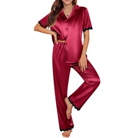 Ekouaer Womens Silk Satin Pajamas Set Button Down 2 Piece Pjs Short Sleeve Long Pants Sleepwear Lounge Set, Wine Red, M