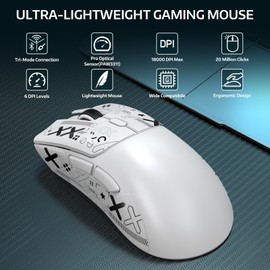 ATTACK SHARK R1 Wireless Gaming Mouse,Tri-Mode Connection (2.4G/Wired/BT5.2),55g Lightweight,18K DPI Optical Sensor,HUYU 20 Million Key Life,Ergonomic Design,for PC/Laptop/Win/Mac(White+Sticker)
