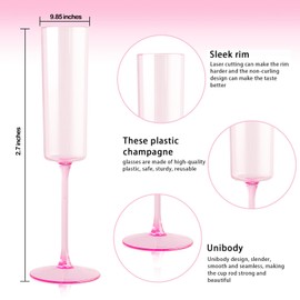YOUBET 24 Pack Pink Plastic Champagne Flutes -6 Oz Clear Pink Champagne Glasses - Square Plastic Toasting Glasses for Party Birthday Anniversary Wedding