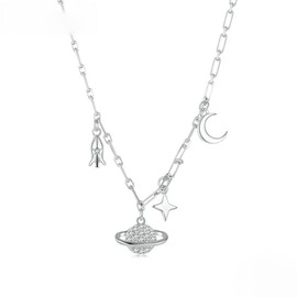 PAHALA 925 Sterling Silver Starry Sky Planet Choker With Crystals CZ Pendant Necklace Wedding