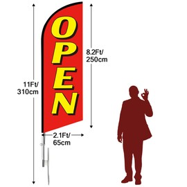 QSUM Open Flags for Business, 11FT Windless Flag With Aluminum Alloy Flagpole Kit, Stainless Steel Ground Stake, Portable Bag, Swooper Banner for Commercial Flags