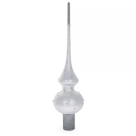 BESTPYSANKY Pink Roses on Silver Glitter Glass Christmas Tree Topper 11 Inches