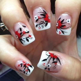 Short Press on Nails Square Fake Nails French Tip Press on White Red Flower False Nails Full Cover Spring Glue on Nails with Summer Design Black Leaves Acrylic Nails for Women Manicure Supplies 24Pcs