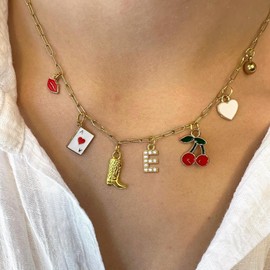 Gold Initial Charm Necklace for Women Beach Letter Necklace Boho Gold Charms Pendant Western Cowgirl Cherry Heart Fruit Choker Necklace Charms Necklaces for Teen Girl Gifts Country Concert Outfits for Women (E)